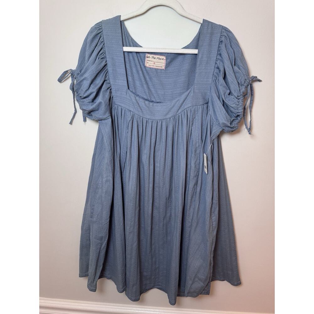 Free People Dusty Blue Mini Dress with Puff Tie Sleeves
